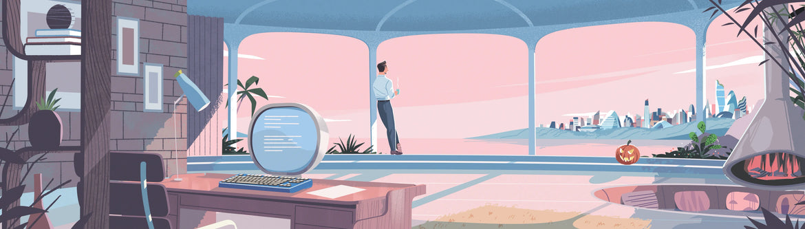 Seasonal retro-futuristic illustration of midcentury modern interior space with luxury keyboard.