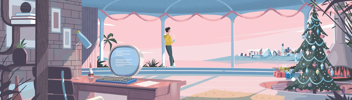 Seasonal retro-futuristic illustration of midcentury modern interior space with luxury keyboard.