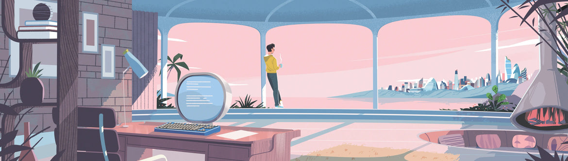 Seasonal retro-futuristic illustration of midcentury modern interior space with luxury keyboard.