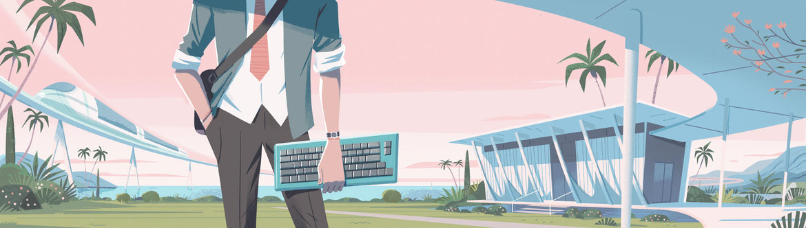 Retro-futurist landing page illustration showing character with luxury keyboard and monorail.